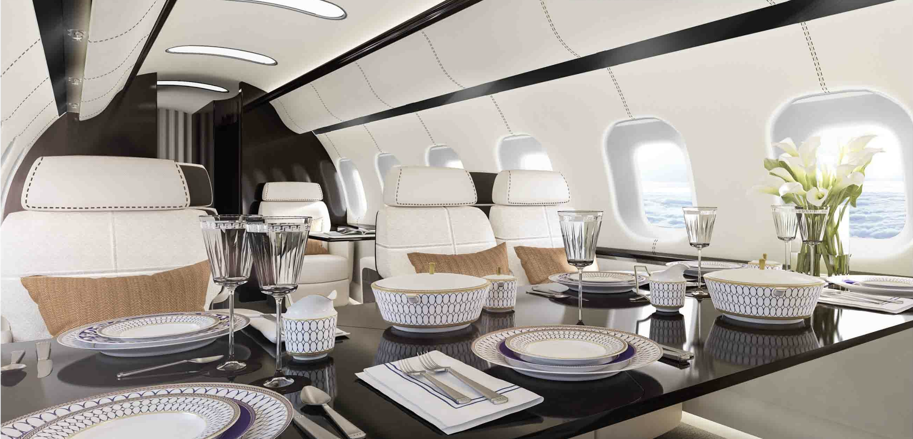 Sophisticated private jet cabin